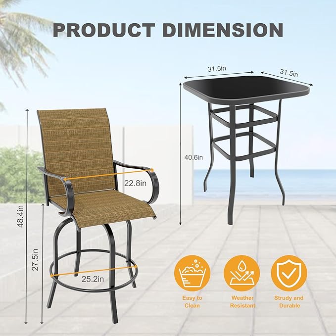3 PCS Patio Swivel Bar Stools Set, 3 Piece Swivel Outdoor Table and Chairs Bar Set, All Weather Textile Fabric Outdoor High Stool Bistro Set with High Glass Bar Table for Lawn, Garden, Balcony