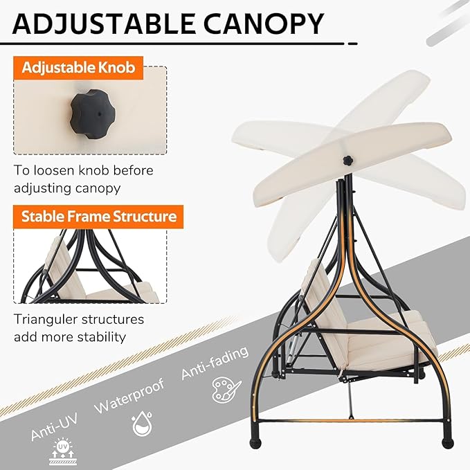 U-MAX Porch Swing with Cover, Patio Swing with Adjustable Backrest&Canopy 3 Seat Outdoor Swing with Canopy 2-in-1 Convertible Patio Daybed with Removable Beige Cushions