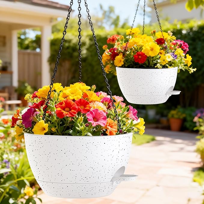 10 Inch Hanging Baskets 2 PC with Chains, Self-Watering Hanging Planters for Indoor Outdoor Plants, Plastic Hanging Flower Pots,Speckled White
