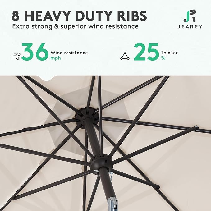 JEAREY 9FT Outdoor Patio Umbrella Market Umbrella with Push Button Tilt and Crank, Outdoor Table Umbrellas 8 Sturdy Ribs UV Protection Waterproof for Garden, Deck, Backyard, Pool (Cream Beige)