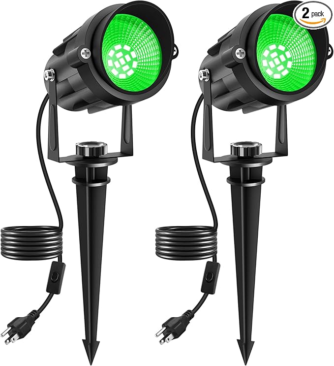 Green LED Spot Lights Outdoor, 14 LED Landscape Lighting with US Plug, IP65 Waterproof Spotlights for Tree Yard Garden Pathway Flag St. Patrick's Day Halloween Christmas Decor 2 Pack