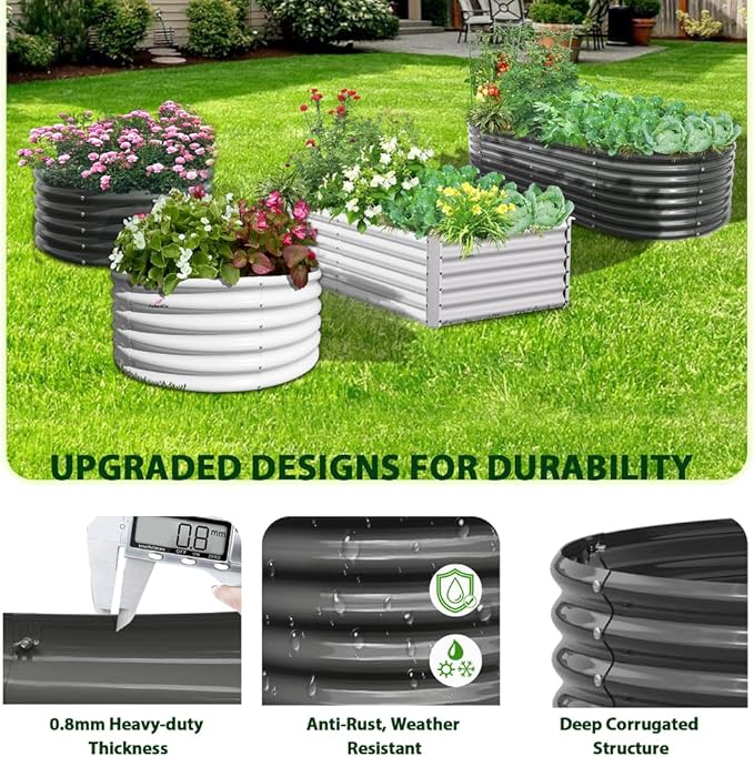 A ANLEOLIFE 8-Set 8X4X2 ft Galvanized Raised Garden Bed Kit, Oval Metal Deep Root Planters for Outdoor Plants, Quartz Grey
