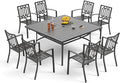 PHI VILLA 9 Pieces Outdoor Dining Set for 8, 60" Black Square Metal Table with Umbrella Hole & Stackable Wrought Iron Chairs, Large Outside Furniture Set for Patio, Deck, Yard, Porch