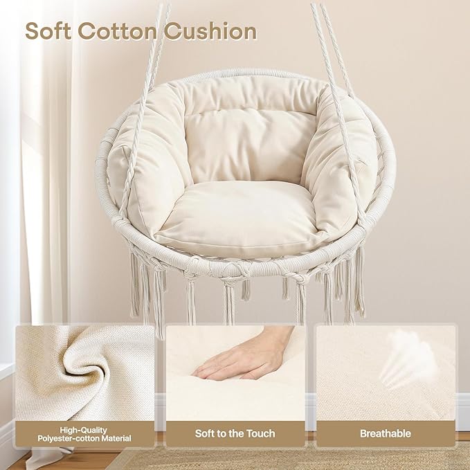 Athena Collection Hammock Chair Hanging Swing Chair with Large Thick Cushions, Outdoor Hanging Chair with Macrame Cotton Rope for Indoor, Outdoor, Bedroom, Balcony, Holds 350 Lbs, White