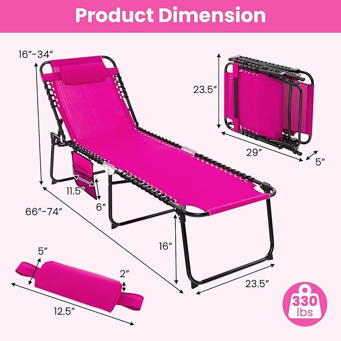 GYMAX Lounge Chairs for Outside, Extra High Folding Beach Tanning Lounger with 4-Level Adjustable Backrest, 2-Level Footrest & Removable Pillow, Sunbathing Lounge for Patio, Lawn, Poolside (2, Pink)