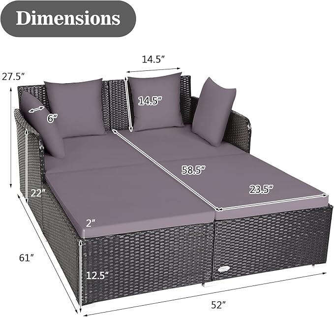 Outdoor Rattan Daybed, Patio Loveseat Sofa Set w/Comfortable Cushions, Extra Pillows & Metal Foot, Sunbed Wicker Furniture for Yard/Poolside/Living Room/Garden/Porch, Grey