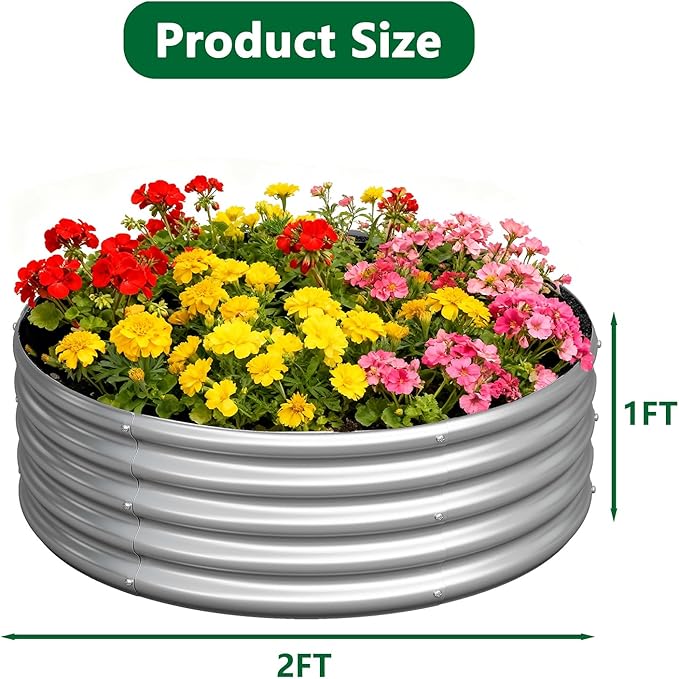 zizin 2 Pcs Round 2x2x1ft Raised Garden Bed Kit Metal Planter Box for Planting Vegetables, Silver