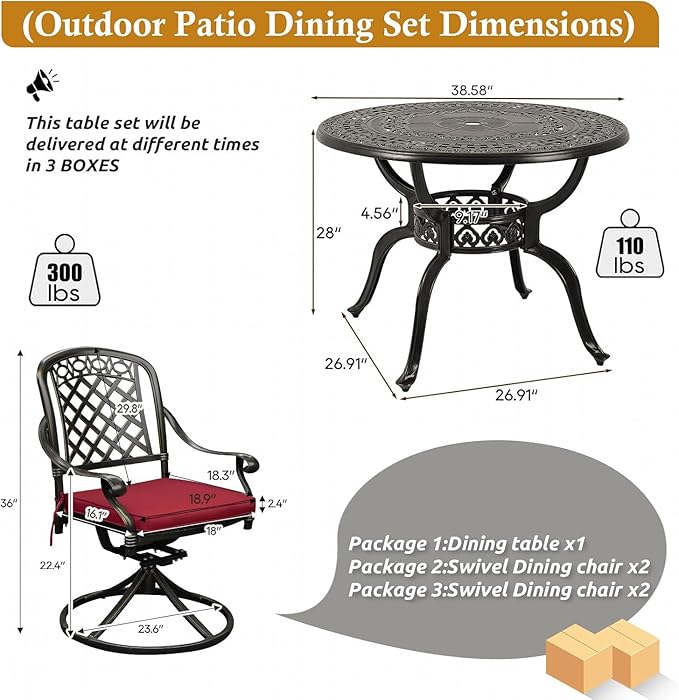 Cast Aluminum Outdoor Patio Dining Set, All Weather Outdoor Furniture Dining Set for Patio, Balcony, Lawn, Garden, Backyard (1 Round Table+4 Red Swivel Dining Chairs)