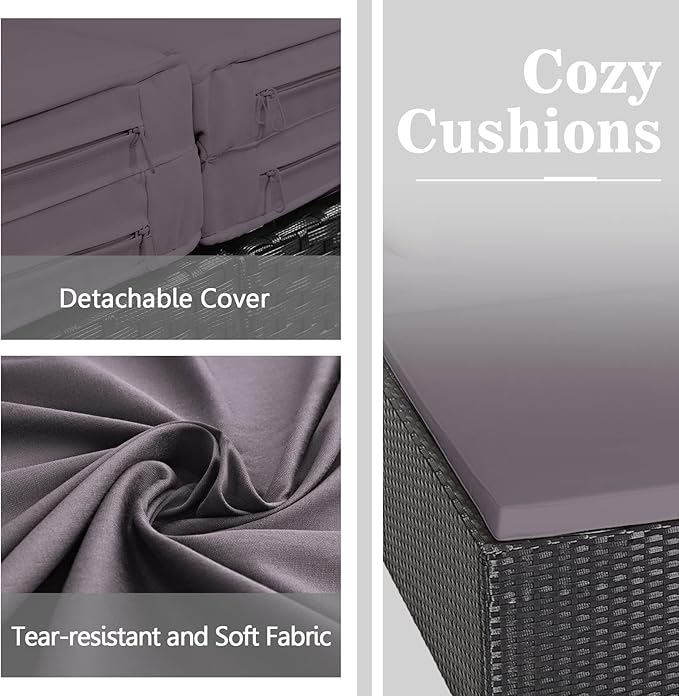 Outdoor Rattan Daybed, Patio Loveseat Sofa Set w/Comfortable Cushions, Extra Pillows & Metal Foot, Sunbed Wicker Furniture for Yard/Poolside/Living Room/Garden/Porch, Grey