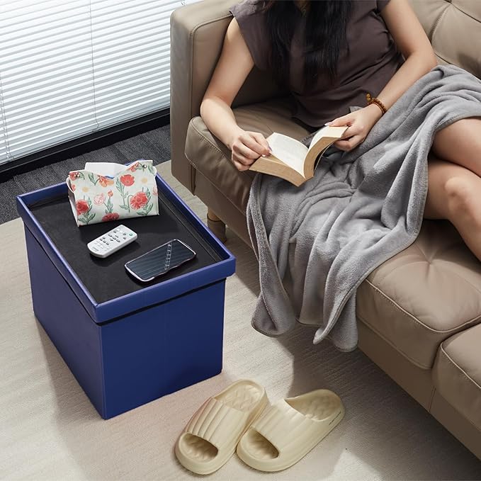 AmasSmile Storage Ottoman Foot Rest Stool, 17 inch Folding Leather Footstool Bench, Short Ottoman Stool, Blue Storage Foot Rest Store, Books