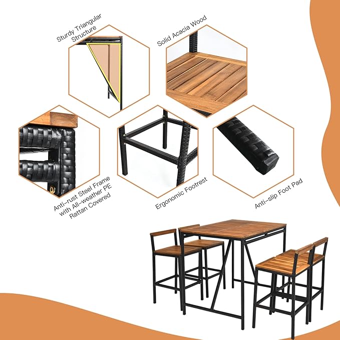 HAPPYGRILL 5 Pieces Patio Bar Table Set with Umbrella Hole Acacia Wood High-Dining Bistro Set with 4 Bar Stool, PE Wicker Outdoor Bar Set