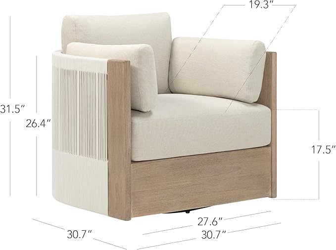 CHITA Boho Patio Rattan 360° Swivel Chair, Outdoor Wicker Furniture with 7.9″ Thickened Cushions and 2 Arm Pillows, Acacia Wood Frame, Fully Assembled(Cream)