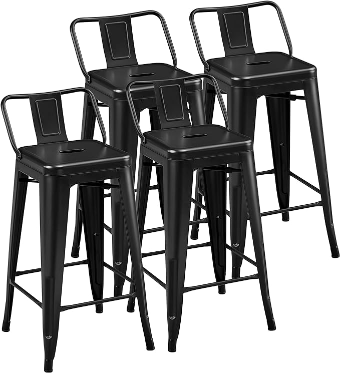 Yaheetech Bar Stools Set of 4, Metal Counter Height Chairs, 26 Inch Industrial Kitchen Stools with Backrest and Footrest for Indoor/Outdoor, Matte Black
