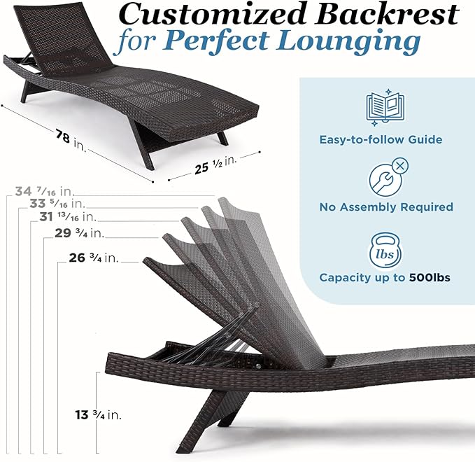 Idzo Katalina Chaise Lounge Set of 2-500lbs Support, UV Wicker, Ergonomic Wave Design, Reclining Backrest, Patio Furniture Set, Multi-Brown