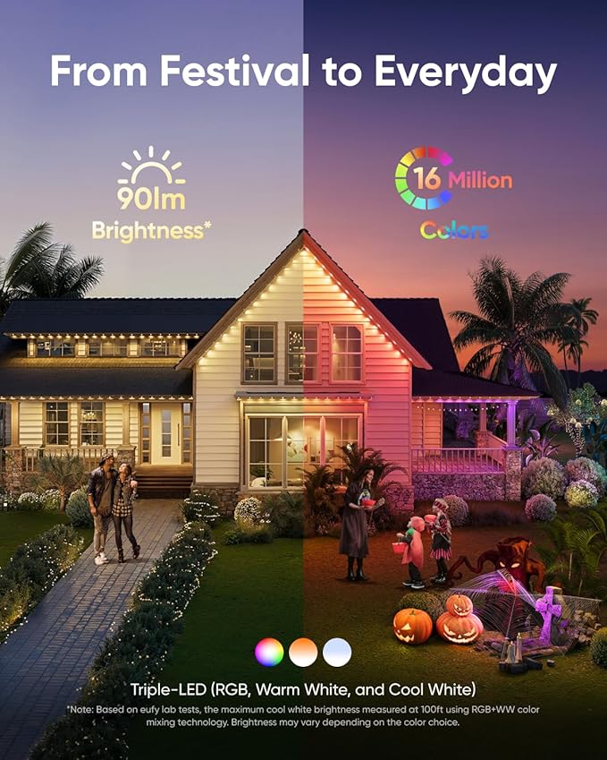 eufy Permanent Outdoor Lights E22, 100ft+ 50ft kit (Total 150ft) with 90 Triple-LED Lights, Smart RGBWW, Up to IP67 Waterproof, AI Light Themes for Halloween, Christmas, Works with eufy Cams, Black
