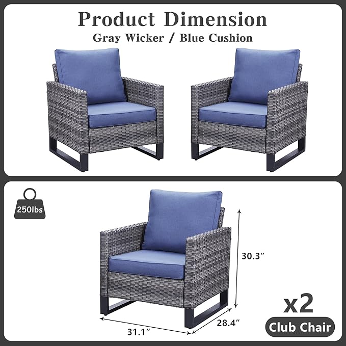 Belord Oversize Patio Chairs Set of 2 Outdoor Wicker Dining Chairs, All-Weather Rattan Patio Club Chair Furniture Sets with Water-Resistant Cushion Anti-Rust Frame Blue