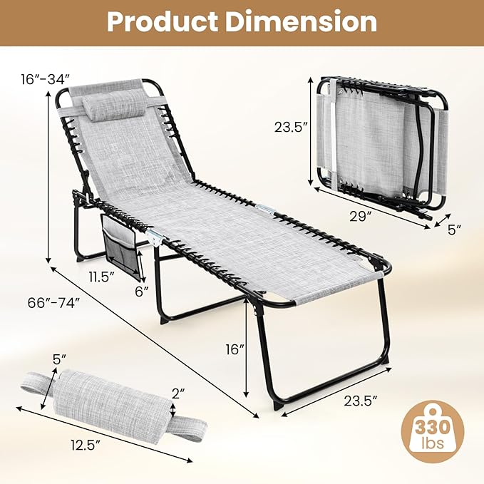 GYMAX Lounge Chairs for Outside, Extra High Folding Beach Tanning Lounger with Adjustable Backrest, Footrest & Removable Pillow, Sunbathing Lounge for Patio, Poolside (1, Grey with Pocket)