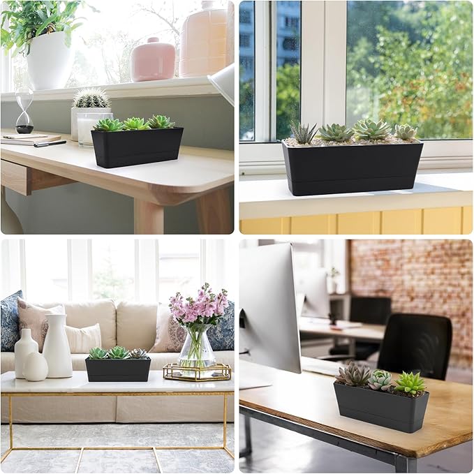 GREANER 16x3.8 Inch Herb Window Boxes 1PCS, Black Planter with Removable Trays and Drainage Holes, Succulent Flower Rectangular Plastic Pot for Balcony, Office, Windowsill, Garden, Indoor Outdoor Use