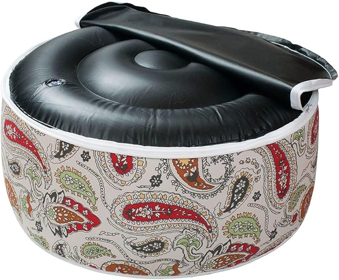 Magpie Fabrics Indoor/Outdoor Inflatable Stool Ottoman Pouf, Water Repellent Round Footrest Footstool with Foot Pump D20 xH9, Portable for Patio Garden Travel Camping or Home, Paisley Red Beige