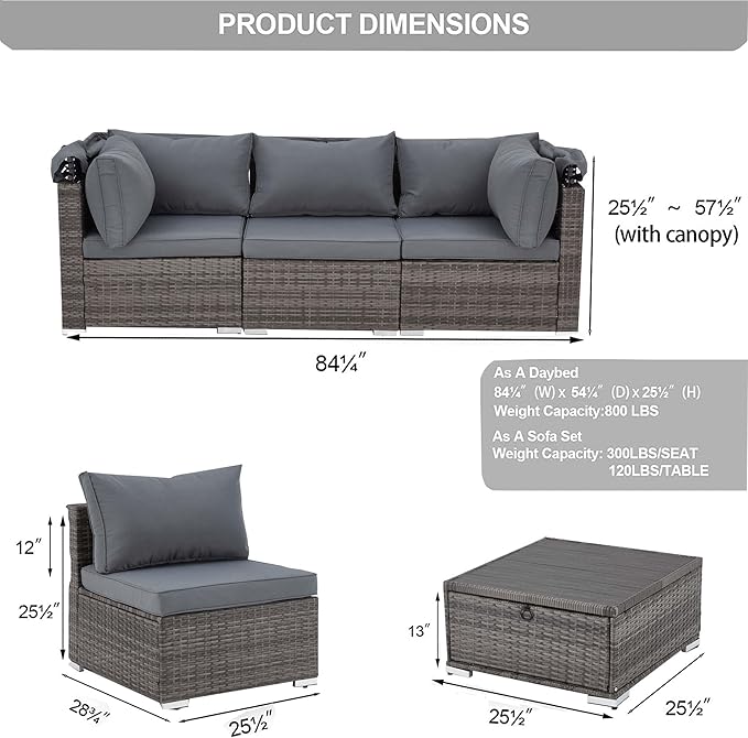Vicluke 6 Pieces Patio Furniture Sets Outdoor Sectional Sofa Set Rattan Daybed with Retractable Canopy, Adjustable Backrest, Storable Tea Table Rectangle Sunbed for Backyard Garden Poolside(Grey)