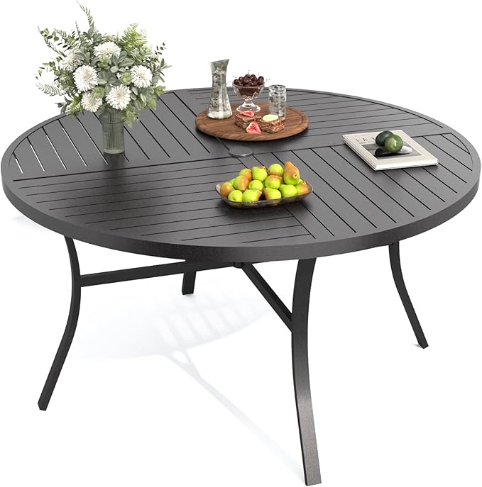 PHI VILLA Outdoor Round Dining Table for 6, 54" Large Metal Wrought Iron Table with Umbrella Hole, All Weather Furniture for Patio, Deck, Yard, Porch - Black
