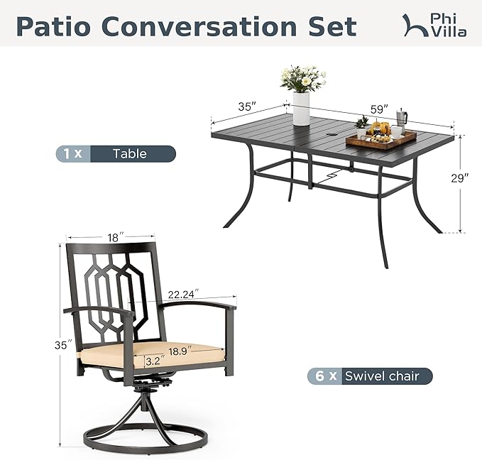 PHI VILLA 7 Pieces Outdoor Dining Set for 6, 59" Rectangular Wrought Iron Table with Umbrella Hole & Swivel Metal Steel Chairs with Cushions, Outside Furniture Set for Patio, Porch, Deck, Backyard