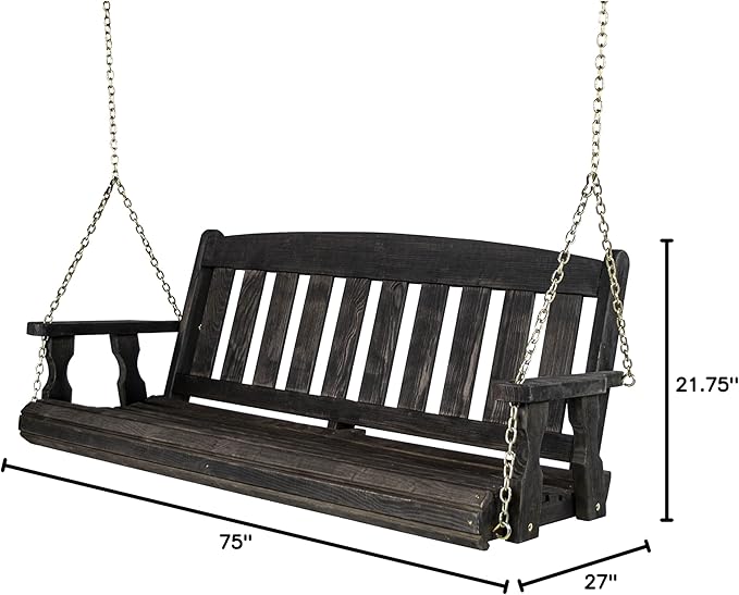 Amish Casual Heavy Duty Mission Treated Porch Swing, 6-Foot, Semi-Solid Black Stain, 8Ft Chains, Without Cups