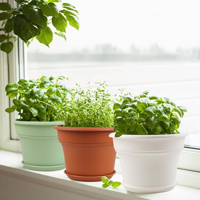 13 Inch Plastic-Flower-Pot-for-Indoor-Plants, 4 Pack Large Outdoor Planter Pot with Drainage Holes & Saucers, Resin Decorative Garden Pots Planters