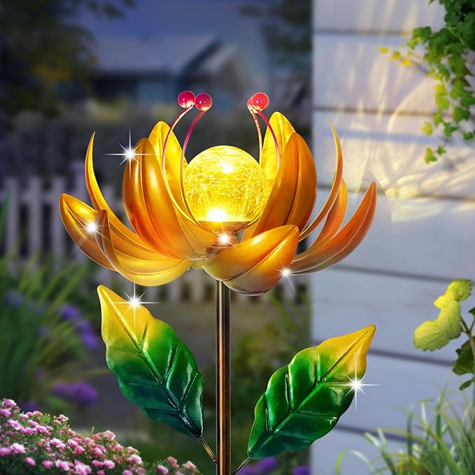 Solar Lights Wind Spinners for Yard and Garden - Metal Lotus Flower Windmills LED Crackle Glass Globe Outdoor Garden Decor Yard Art Lawn Ornament