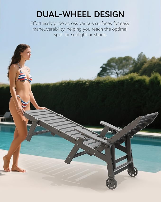 Carauci Lounge Chair Outdoor Set of 4, HDPE Chaise Lounge with Wheels, 5-Position Adjustable Backrest & 2 Cup Holders Patio Lounge Chair, All-Weather Pool Sun Lounger for Poolside, Backyard, Grey