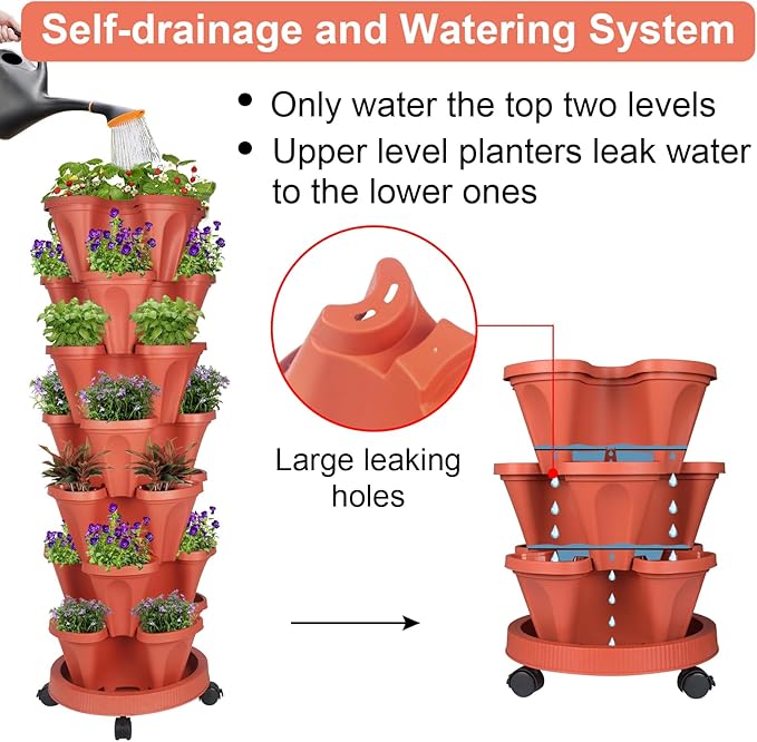GameXcel Vertical Planter 7 Tier Stackable Planters Garden Planters Strawberry Herb Flower and Vegetable Planter Indoor Outdoor Gardening Pots with Removable Wheels and Tools 2-Pack
