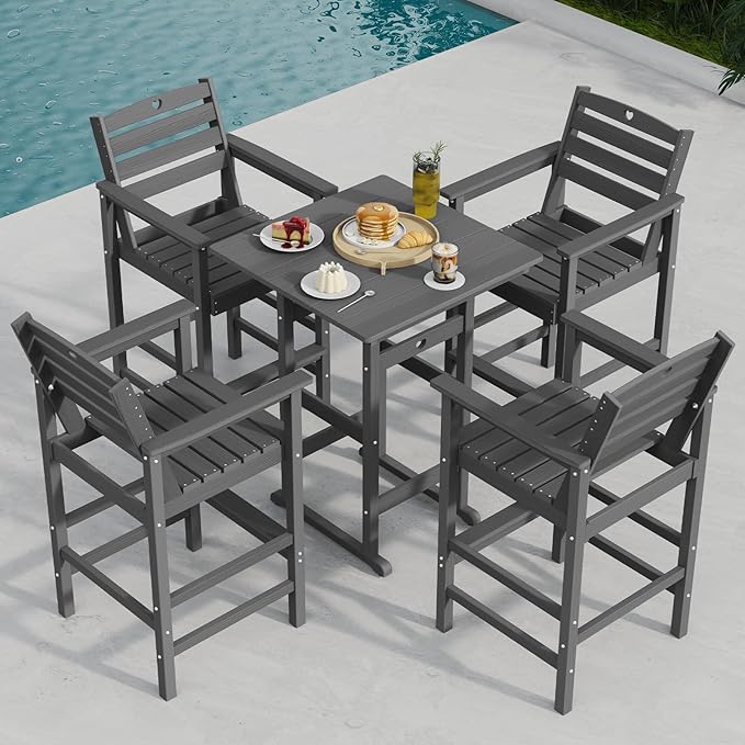 Adirondack Outdoor Bar Table, Durable HDPE Composite, Weather Resistant, Easy to Clean, Perfect for Backyard and Poolside Use, Grey