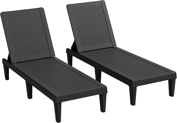 Greesum Outdoor Chaise Lounge Chairs Set of 2 with 5-Position Adjustable Backrest, Waterproof PP Sun Loungers for Garden Pool Beach Patio Deck Sunbathing, Black