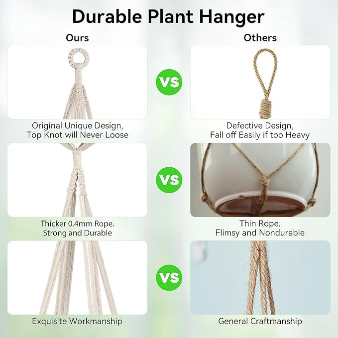 USLAI Macrame Plant Hanger Indoor Outdoor, Fits 4 to 15 Inch Pots, Strong Hanging Planter Holder, Boho Home Decor, 49+35 Inch, Ivory (POTS NOT Included)