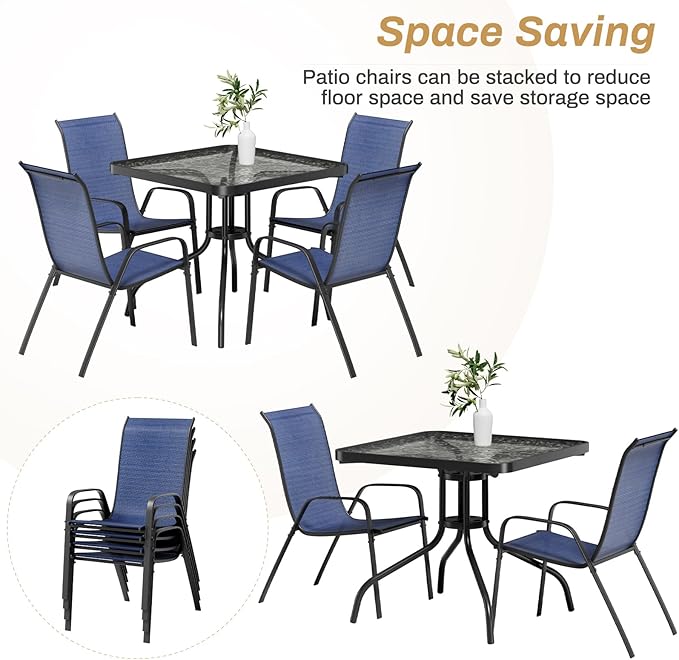 Arlopu 5 Piece Outdoor Patio Dining Set (Umbrella not Included), Porch Furniture with 4 Textline Chairs, 1 Square Glass Table for Garden, Backyard and Poolside, Lawn (Navy Blue)