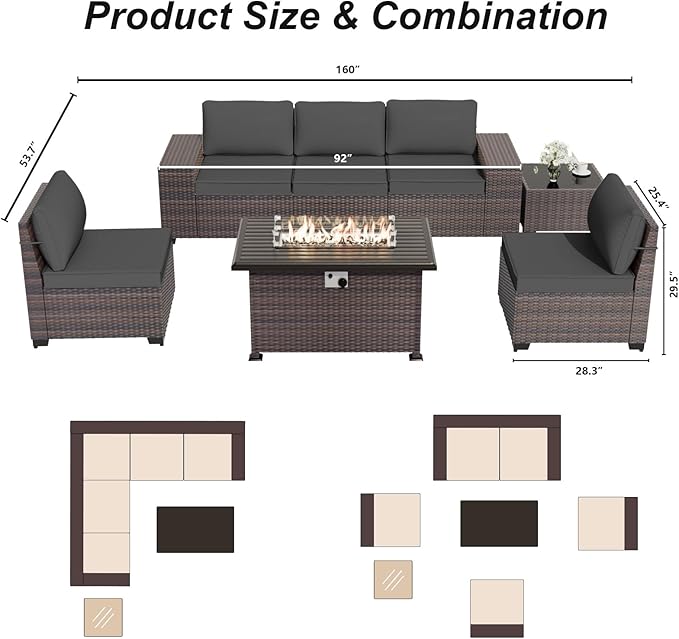 ALAULM 7 Pieces Patio Furniture Set with Fire Pit Table 55000BTU, Oversized Seat/Armrest and High Back Wicker Conversation Set with Thick Cushion for Backyard, Garden, Black