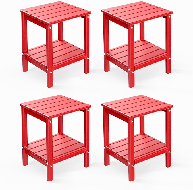 GREENVINES Adirondack-Outdoor-Side-Table | Set of 4 | 14 x 13 Inches | HDPE Plastic | All Weather | Red | Outside End Tables | Storage Shelf | for Patio Porch Backyard Indoor