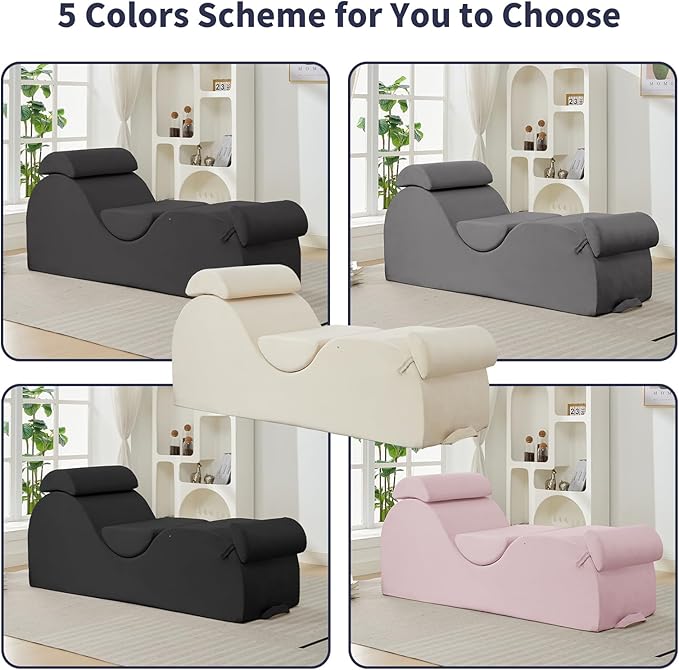ijuicy Chaise Lounge Chair for Exercise, Indoor Lounger with Headrest, Waist Cushion, Movable Footrest, Side Pockets, Non-Slip Bottom - Yoga Chair with High Density Sponge, Light Grey