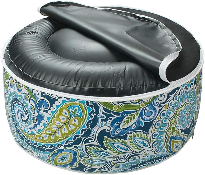 Magpie Fabrics Indoor/Outdoor Inflatable Stool Ottoman Pouf, Water Repellent Round Footrest Footstool with Foot Pump D20 xH9, Portable for Patio Garden Camping or Home, Paisley Lapis Green