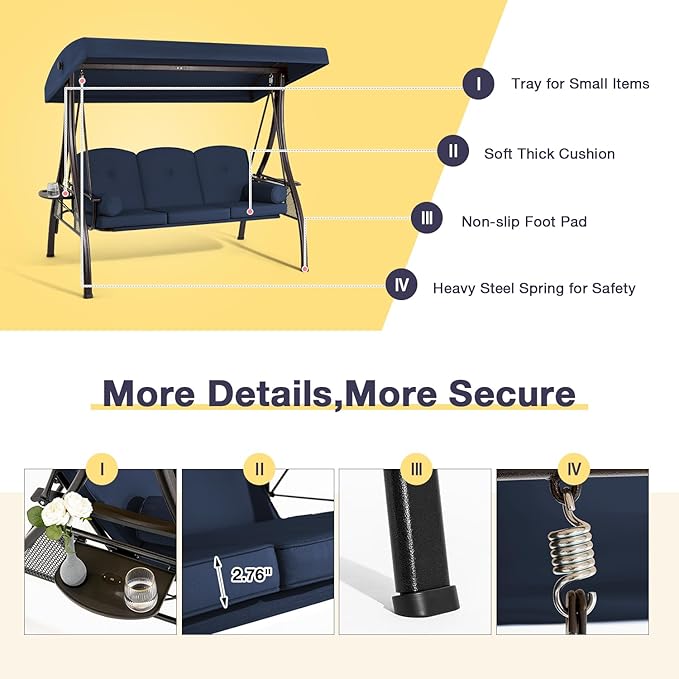 HOMREST 3 Person Outdoor Porch Swing with 1.5" Deep Cup Holder, Adjustable Canopy, Backrest, Patio Swing Bed with Weather Resistant Steel Frame, Cushions for Garden,Deck and Poolside(Blue)
