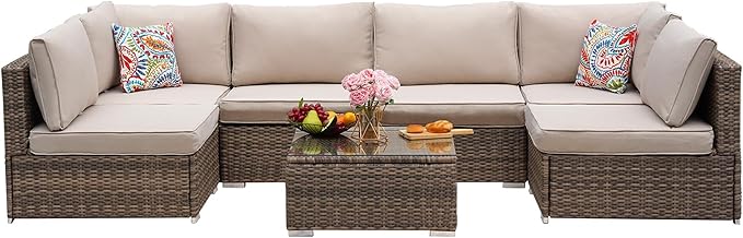 7 Pieces Patio Furniture Set - All-Weather Outdoor Wicker Sectional Conversation Sofa, Rattan Patio Seating Sofa Set with Cushion and Glass Table for Porch Poolside, Brown/Beige