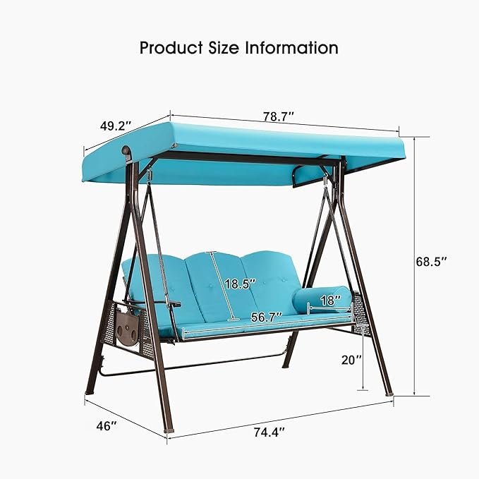 PURPLE LEAF 3-Seat Deluxe Outdoor Patio Porch Swing with Weather Resistant Steel Frame, Adjustable Tilt Canopy, Cushions and Pillow Included, Turquoise Blue