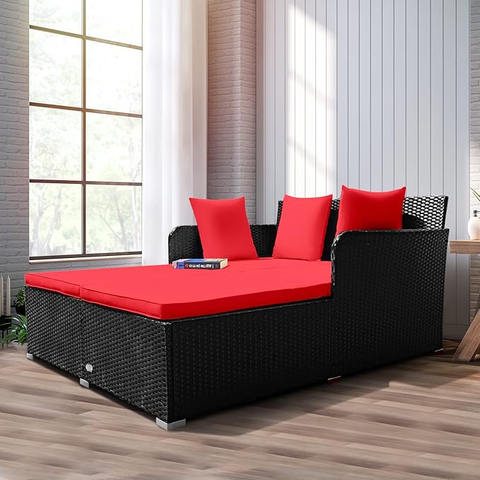 RELAX4LIFE Rattan Patio Outdoor Daybed, Wicker 2-Person Sunbed Loveseat with Soft Cushions, 4 Pillows, Curved Backrest & Armrest, Double Bed Lounger Sofa Set for Balcony Porch, Patio Bed (Red)