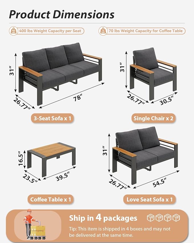 Aoxun Aluminum Outdoor Patio Furniture Set, 7 Seats Outdoor Sectional with Coffee Table, Patio Conversation Sets with Upgraded Armrests and Cushions for Backyard, Garden and Poolside
