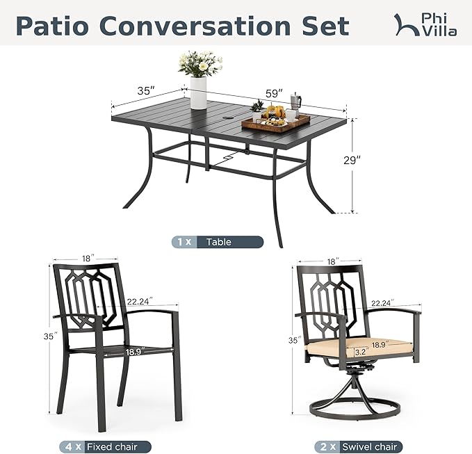 PHI VILLA 7 Pieces Outdoor Dining Set for 6, 59" Rectangle Wrought Iron Table with Umbrella Hole & Swivel/Fixed Chairs Combo with Cushions, Modern Metal Furniture for Patio, Deck, Yard, Porch