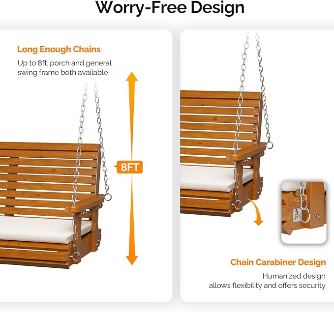 VINGLI Wooden Porch Swing, Heavy Duty 880 LBS Hanging Patio Bench with Extra Cushion for Lawn| Garden| Courtyard (Brown, 4 feet)