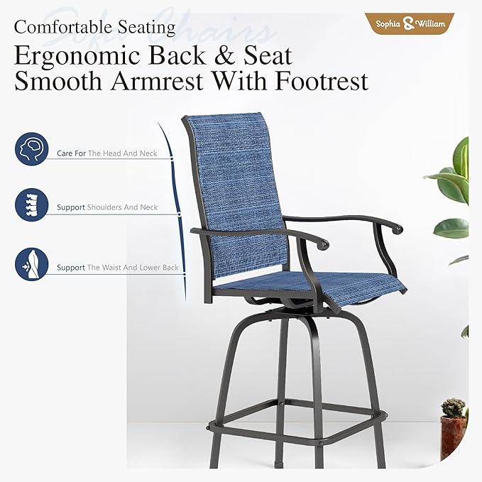 Sophia & William Outdoor Bar Set, Patio Bar Table and Chairs Set, Bar Height Patio Set - 2 x Swivel Bar Chairs(Blue), 1 x Square Bar Table(Wood-Like)
