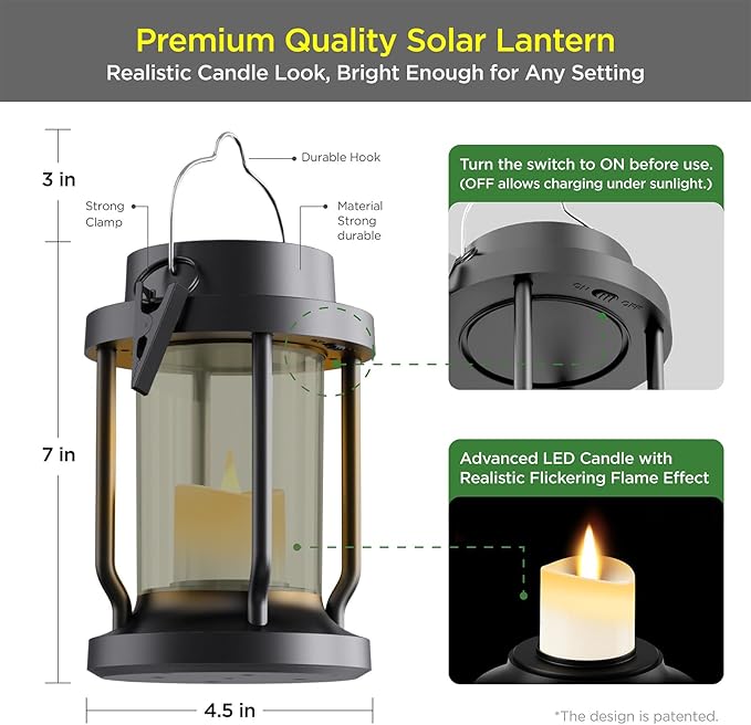 Solar Lantern Outdoor & Indoor Use – Hanging Solar Lights with Realistic Flickering Flameless Candle, Weatherproof for Gardens, Patios, Trees, and Lawns (Black + Gray, 1 Pack)