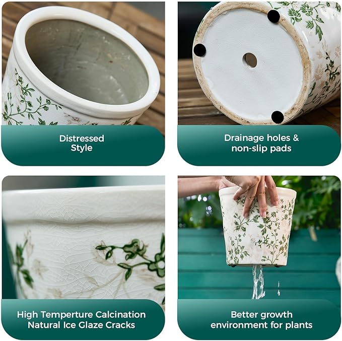 Ceramic Planter with Drainage Hole, Plastic Tray & Mesh, 6 Inch - Indoor/Outdoor Flower Pot for Orchids, Succulents, Green Floral Modern Farmhouse Décor for Home,Office and Garden, Ideal Gift