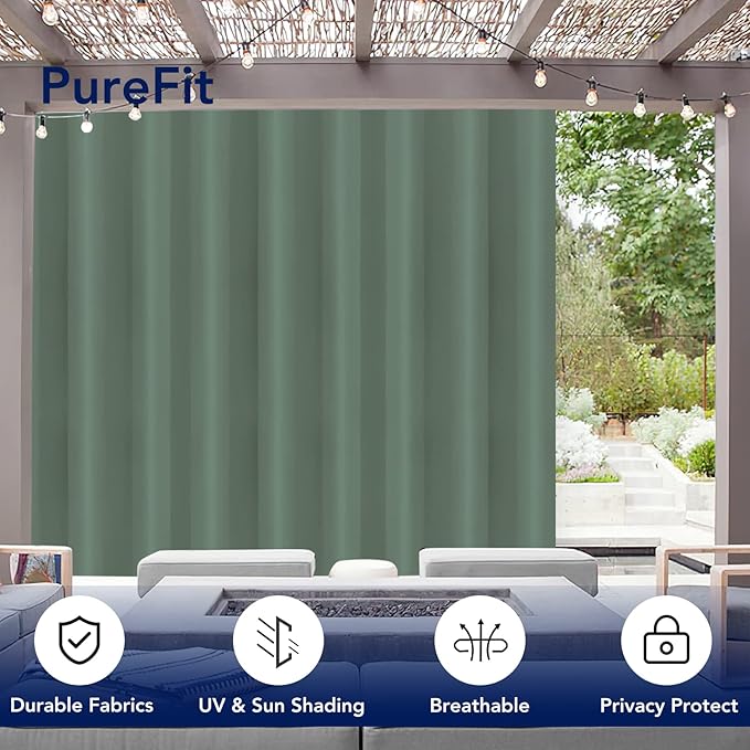 PureFit Outdoor Curtains for Patio Waterproof Weatherproof, UV Resistant Outside Curtains for Gazebo, Front Porch, Pergola, Sun Blocking Privacy Curtain, 120W x 108L inch, 1 Panel, Sage Green